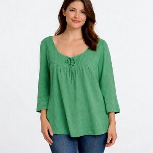 Lane Bryant 18/20 Green Linen Blend Peasant Blouse 3/4 Sleeve Plus Size
